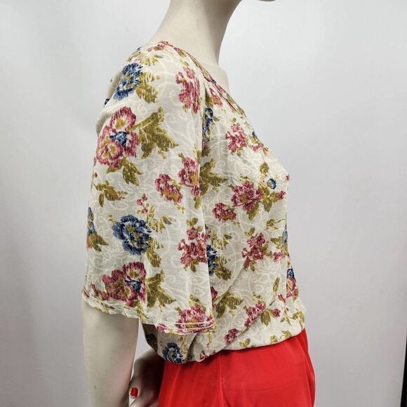 Mudd Boho Top Jersey Knit Floral Elbow Sleeves Pullover V-Neck - Picture 5 of 10